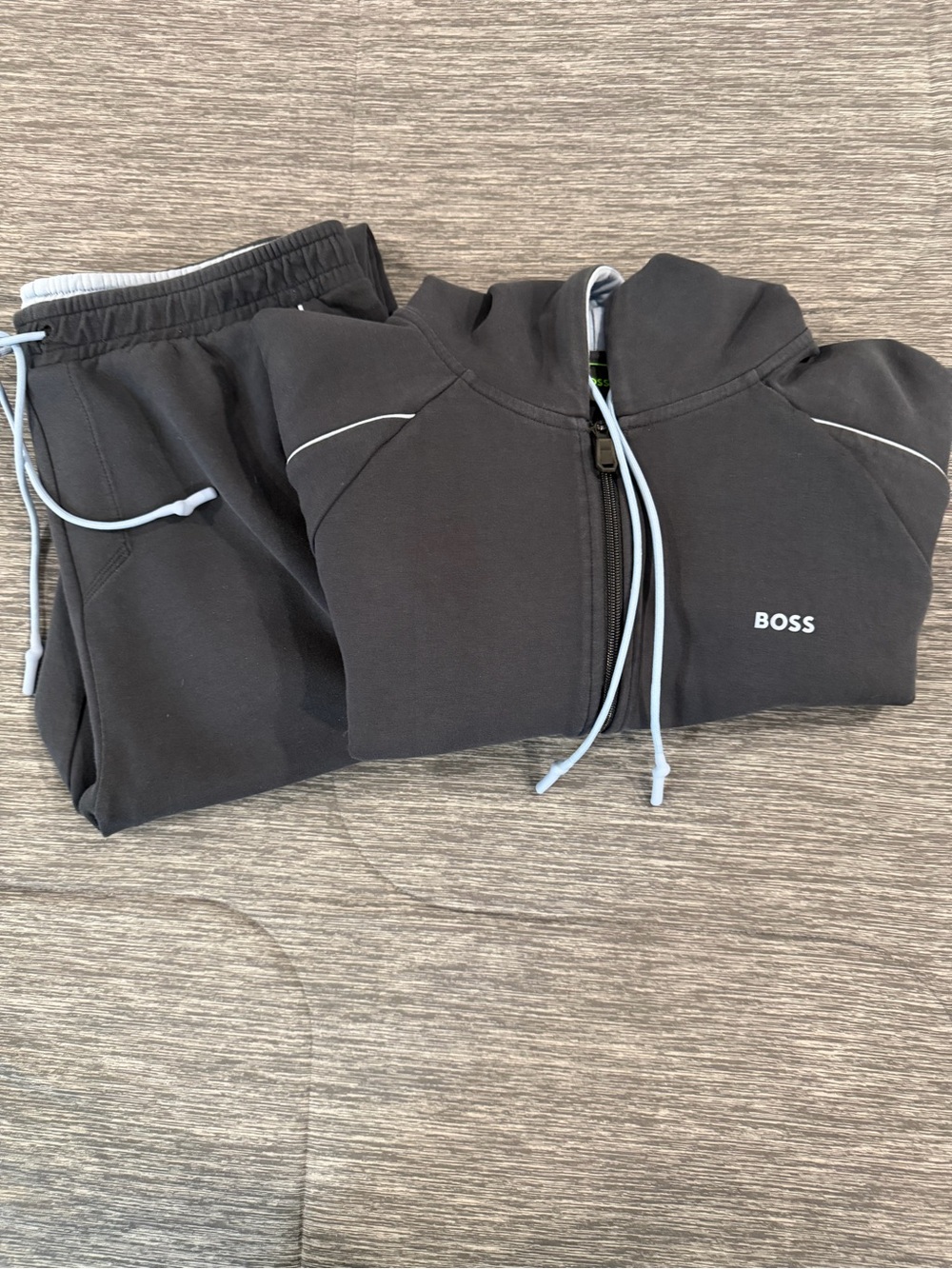 Boss Navy Blue Men’s Sz Lg Zip Hoodie & Jogger Set with Light Blue Accents